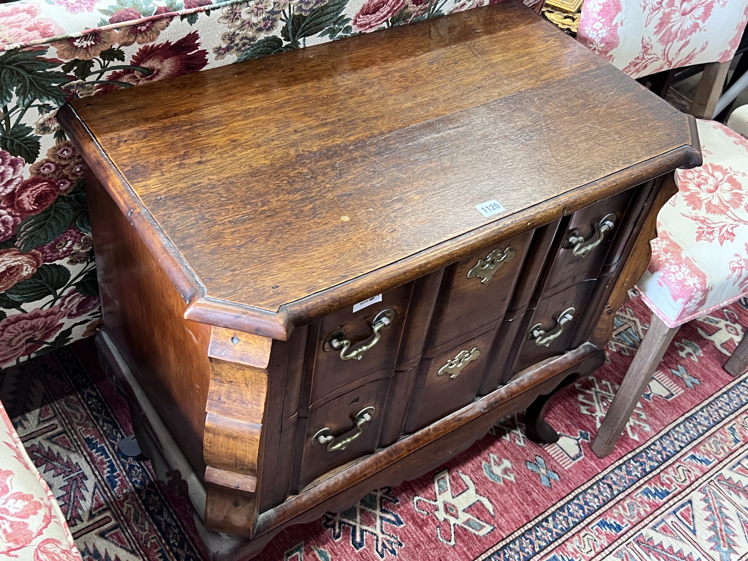 A French oak and walnut two drawer commode, width 81cm, depth 45cm, height 75cm